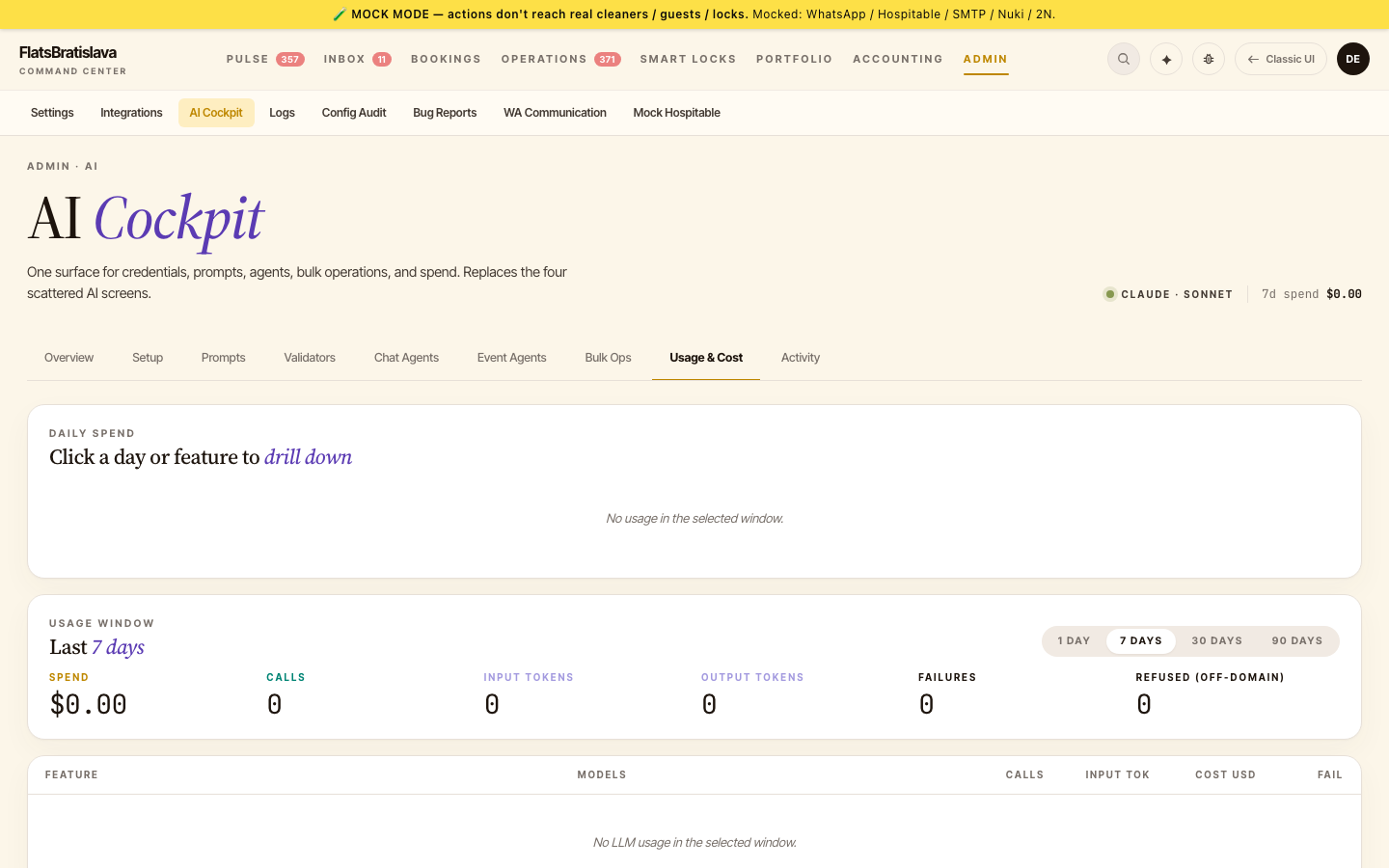 AI Cockpit → Usage & Cost — daily spend chart + per-feature breakdown + usage-window cards